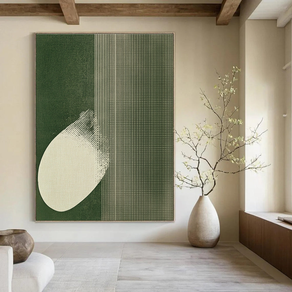 Large abstract artwork featuring white polka dots on emerald green with butterfly wings, creating a calm minimalist textile-inspired design.STSC1037