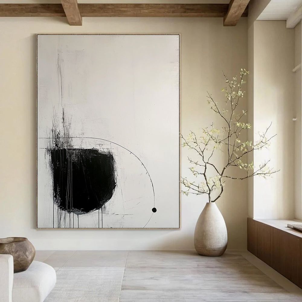 Large abstract painting with black lines and geometric figures creating calmness and simplicity in minimalist style featuring balanced composition and open space.STSC520