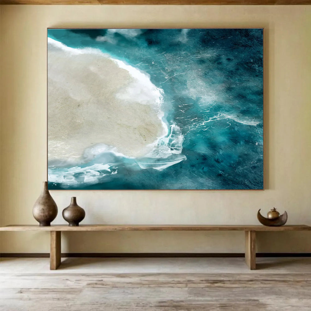 Aerial Sea - view Abstract Painting with Turquoise and Beige THY125
