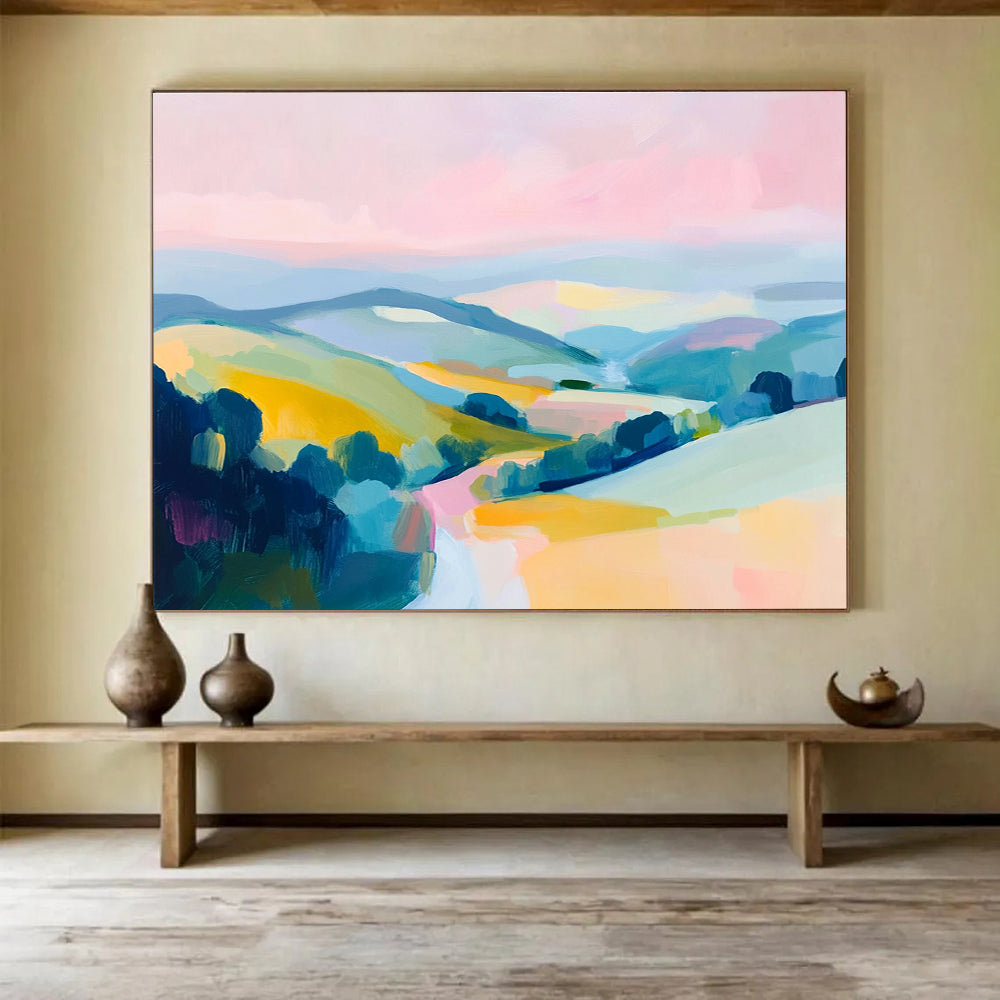 Colorful Abstract Hills Painting with Pink Blue and Yellow DYP288