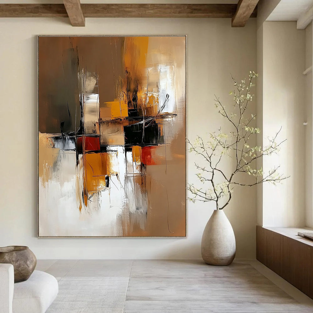 Abstract painting of an industrial space featuring warm brown and yellow tones with low contrast and clean brush strokes for a modern aesthetic.STSC648
