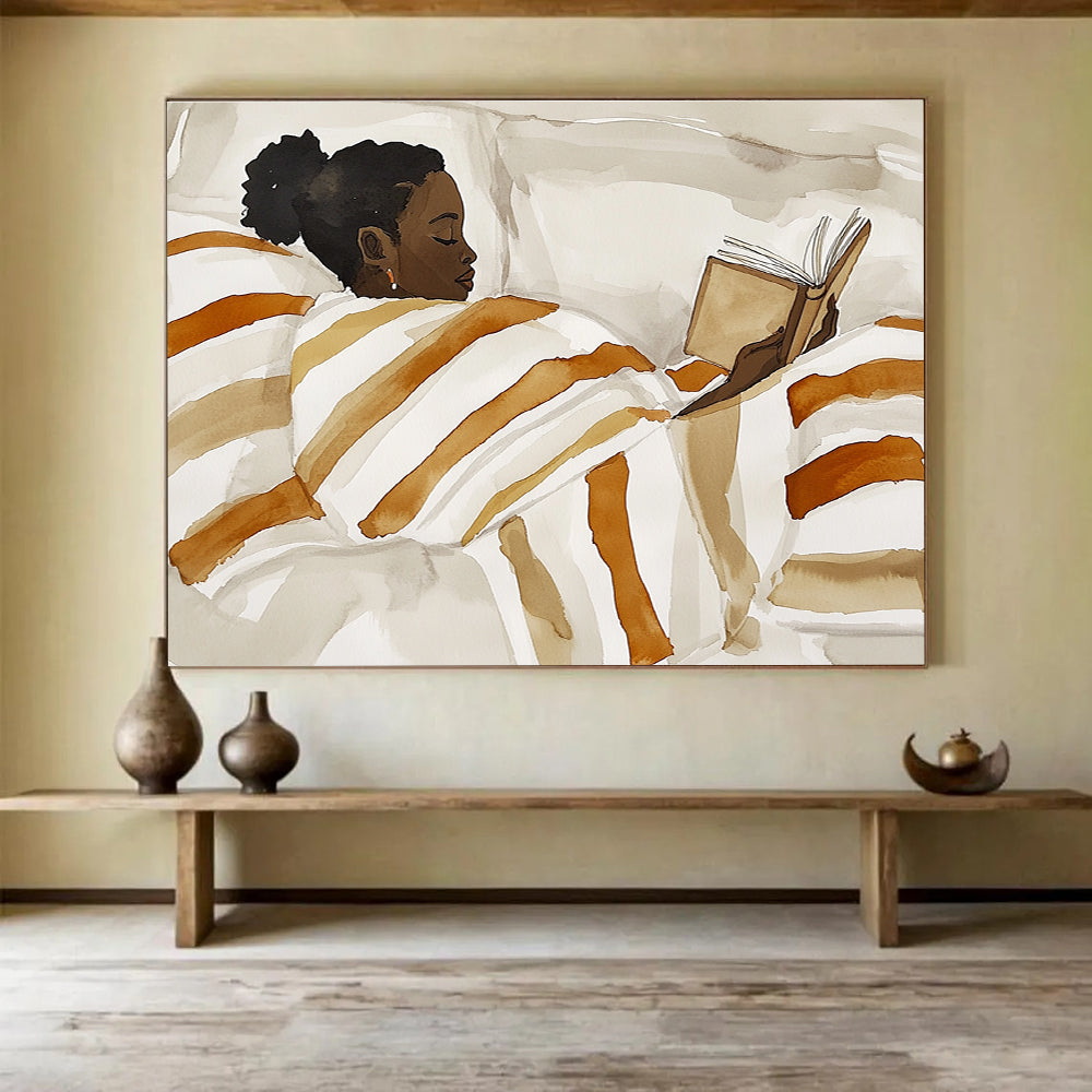 Abstract painting of an African American woman reading in bed with a striped blanket in a neutral color palette featuring simple shapes and minimalistic style.SC617