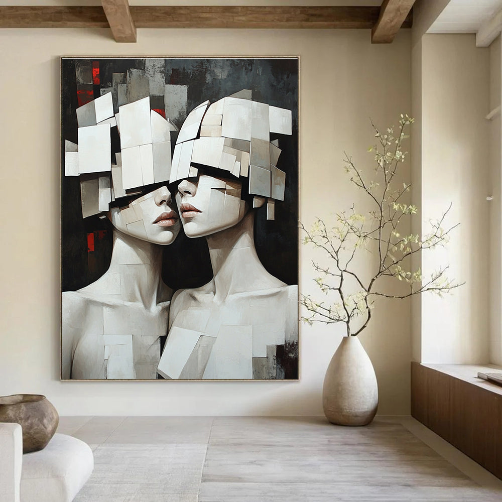 Large abstract oil painting featuring two white humanoid female figures with obscured faces against a dark background, evoking mystery and intrigue.STSC1455