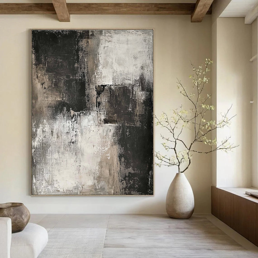 Large abstract painting in neutral tones featuring dark gray and white for a striking contemporary aesthetic.STSC069