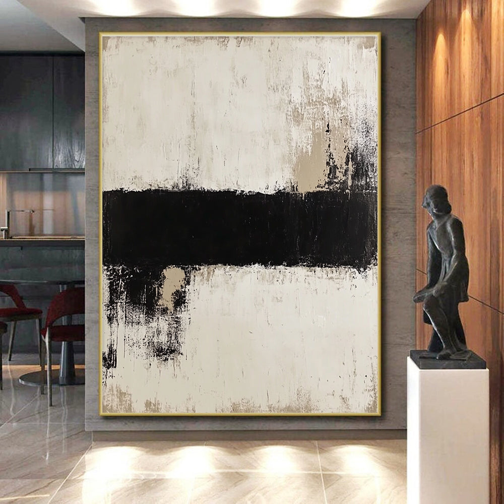 Black Beige and White Abstract Painting with Textured Layers GER637