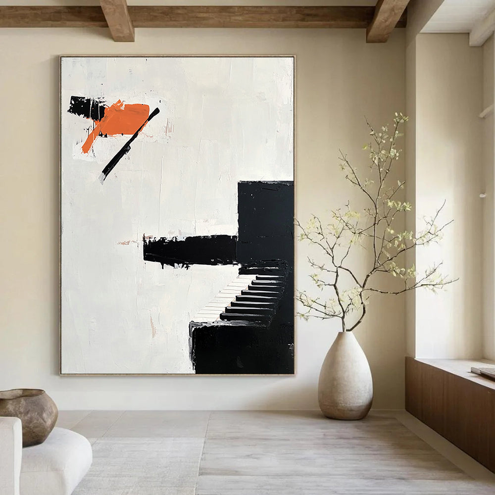 Abstract oil painting featuring bold impasto brush strokes with a minimalist design including an abstract black piano and orange shapes.STSC1089