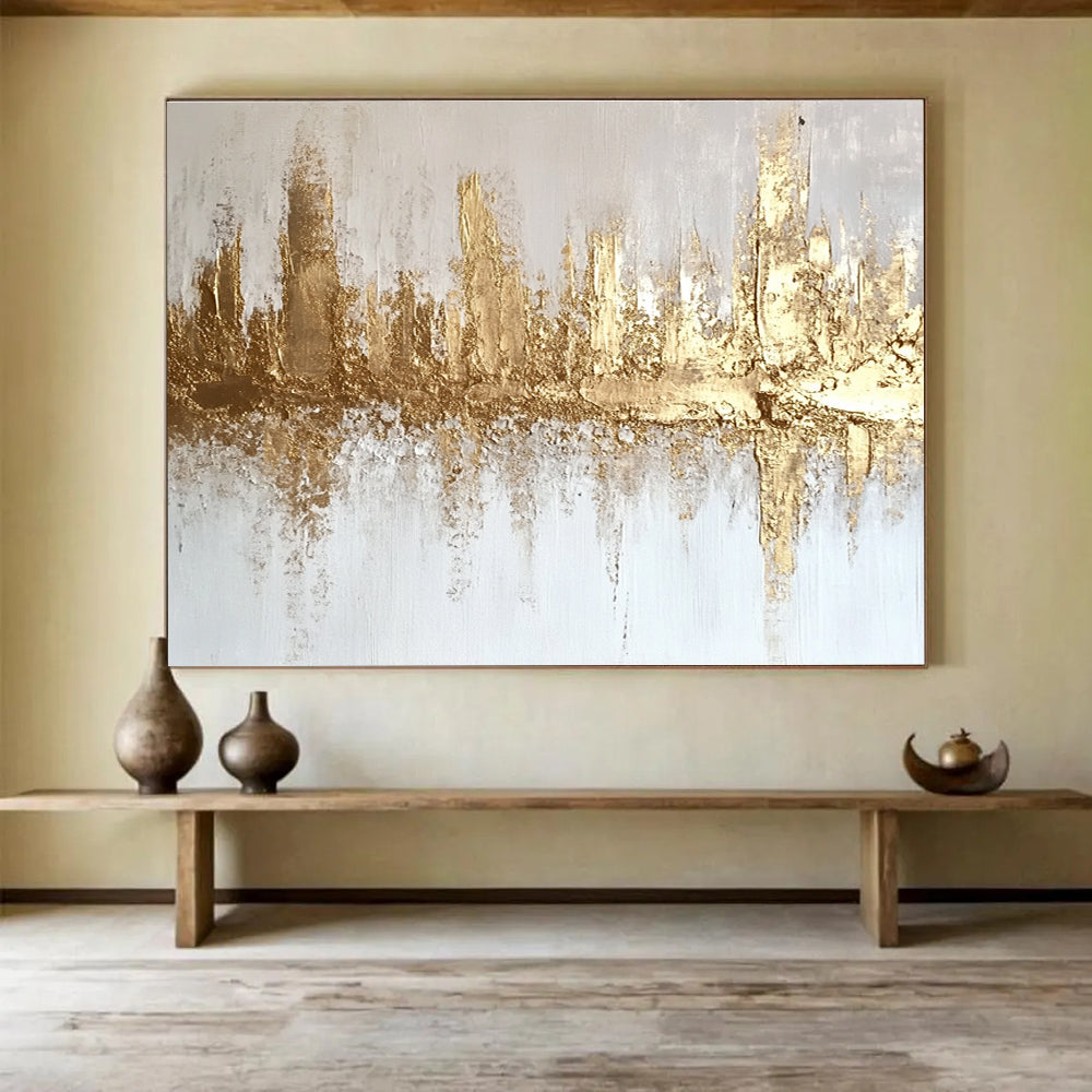 Gold and White Cityscape Abstract Painting with Textured Gold Accents DYP312