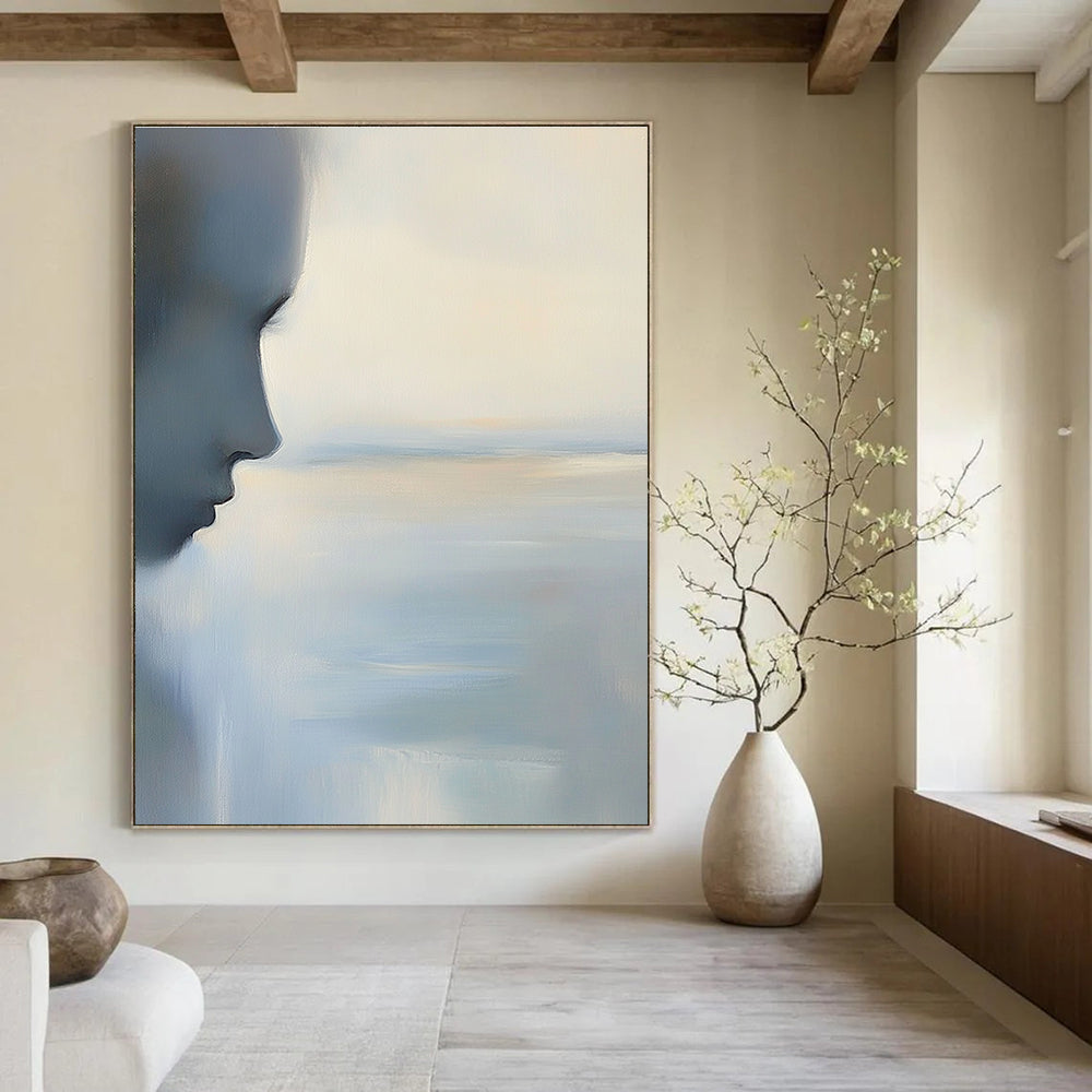 Abstract painting of the ocean and sky in soft blues and greys with calming minimalist aesthetics and delicate color accents.STSC883