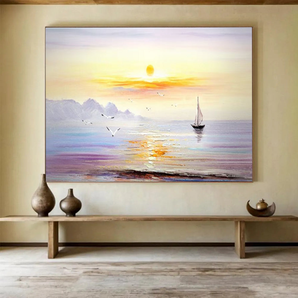 Sunset Sea Sail Abstract Painting with Orange, Purple, and Blue Tones THY181