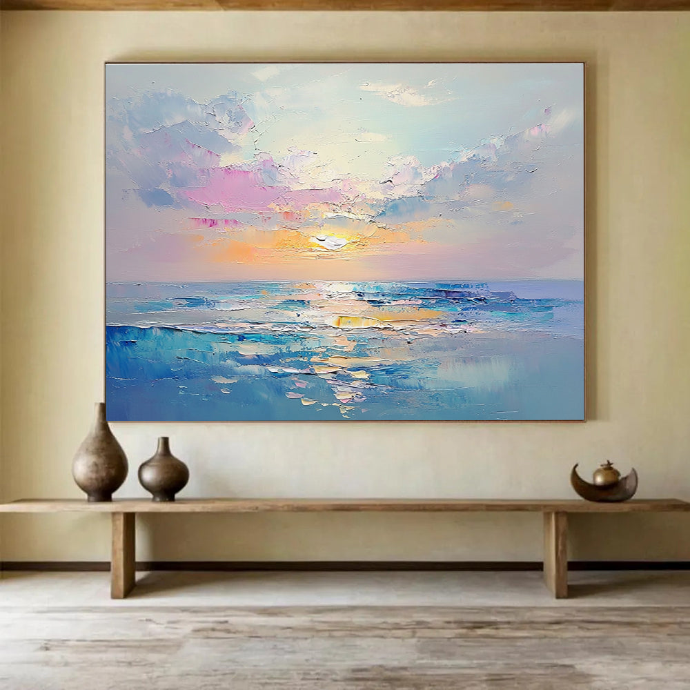 A large abstract painting capturing a tranquil sea at sunrise with pastel colors and detailed brush strokes creating a dreamy ocean landscape.SC418