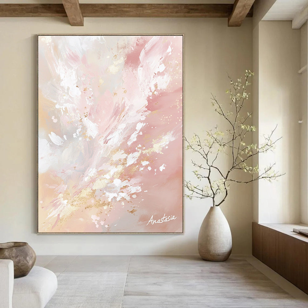 Large abstract painting in pastel pinks and whites with golden accents capturing nature's beauty and light in a serene atmosphere signed by Anastasia.STSC1201