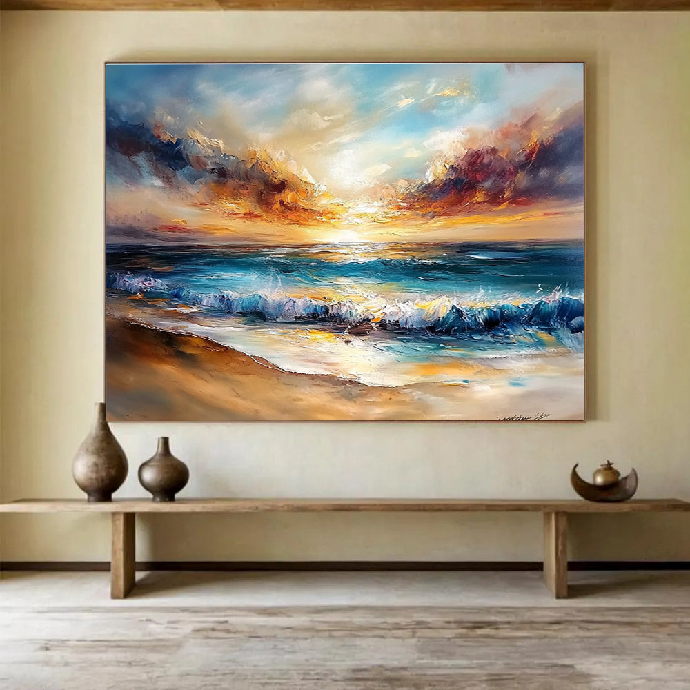 Abstract oil painting of a tranquil beach scene featuring a sunset with golden sand and vibrant colors evoking serenity and calmness for home decor.SC417
