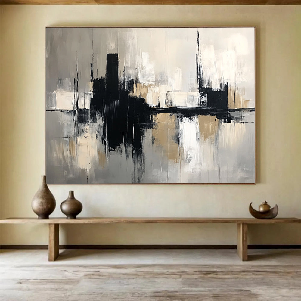 Large abstract painting in black and beige tones featuring bold brush strokes, set against a grey cityscape background, crafted in oil on canvas.SC017