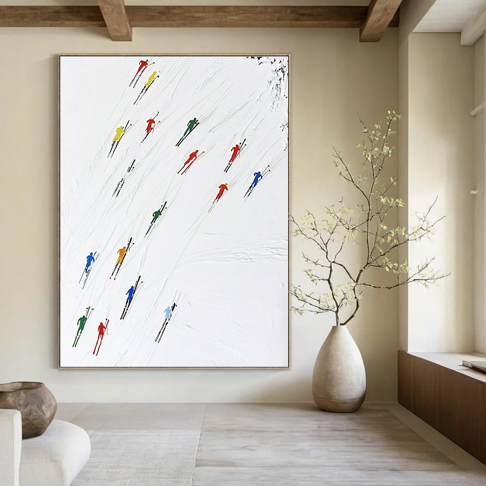 A large abstract painting featuring colorful skiers dynamically moving across the snow capturing speed and vitality in a minimalist style.STSC986