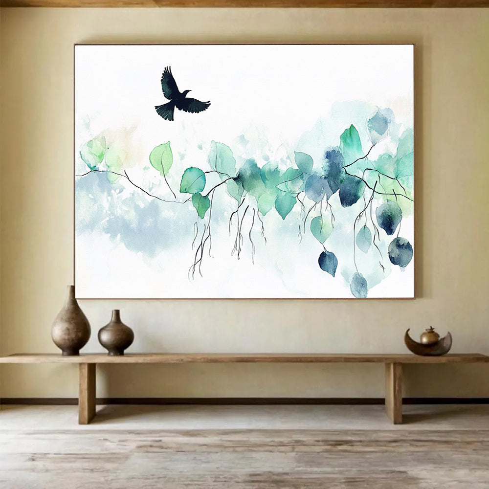 Abstract watercolor painting featuring green leaves and vines with a black bird above on a soft white background for a calming and elegant atmosphere.SC568
