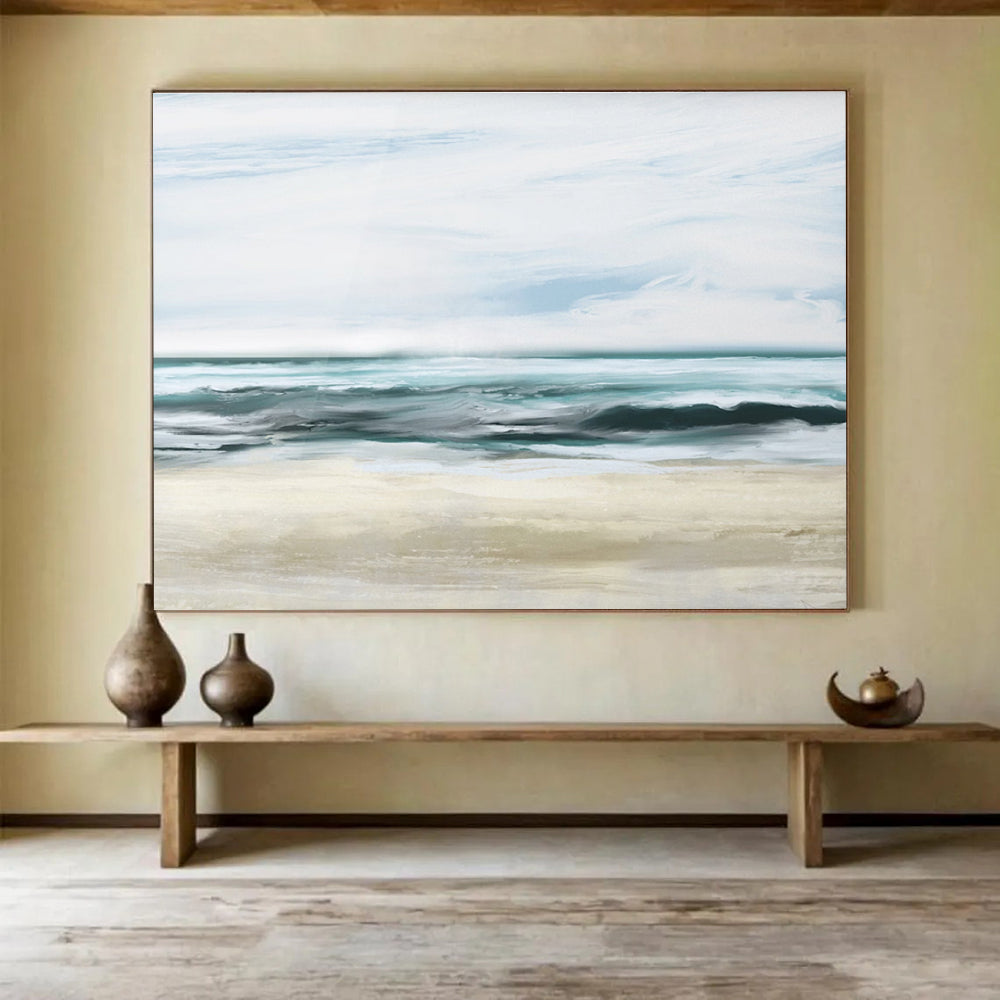 Calm Sea Abstract Painting with Blue and Beige Tones THY128