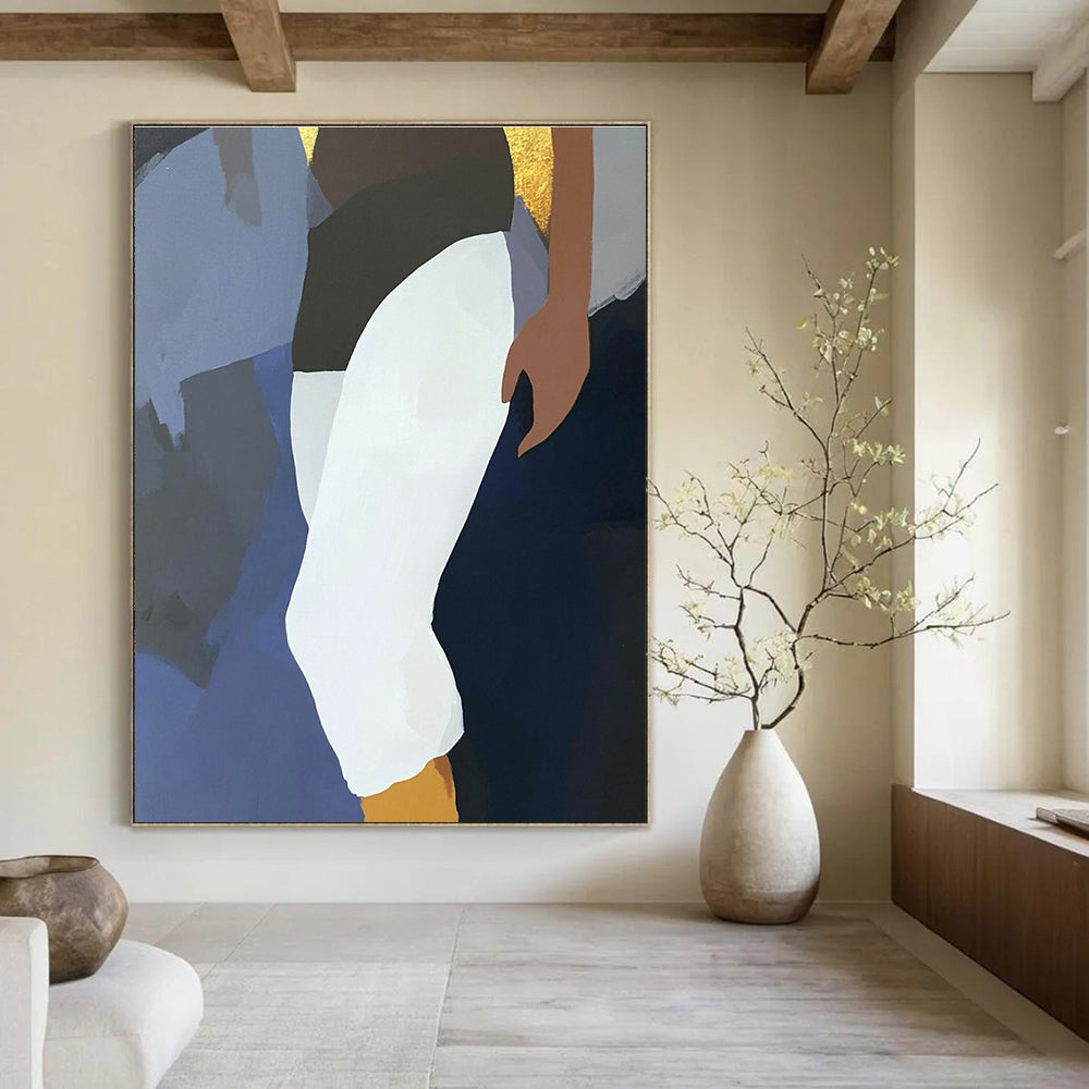 Large abstract painting featuring a fluid design with a dark blue background elegant Devanagari lettering and an anime character in white pants and black socks.STSC936