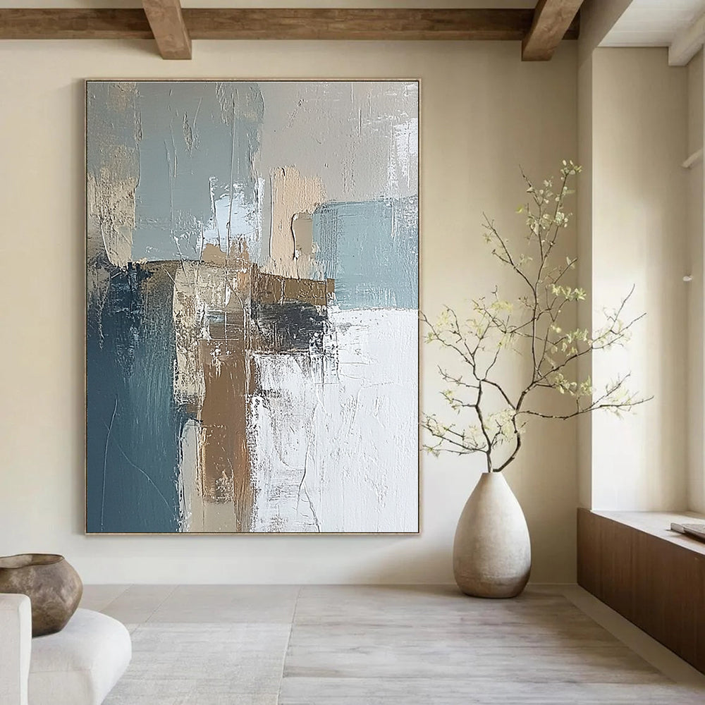 Large abstract painting of an Irish landscape featuring soft muted blues and browns with textured brush strokes for a serene ambiance.STSC650