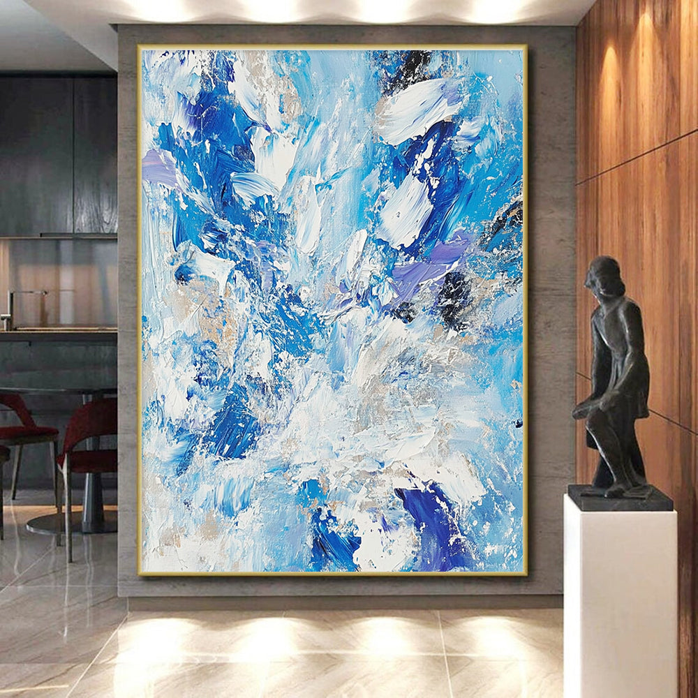 Blue White Purple Abstract Painting with Dynamic Brushstrokes GER516