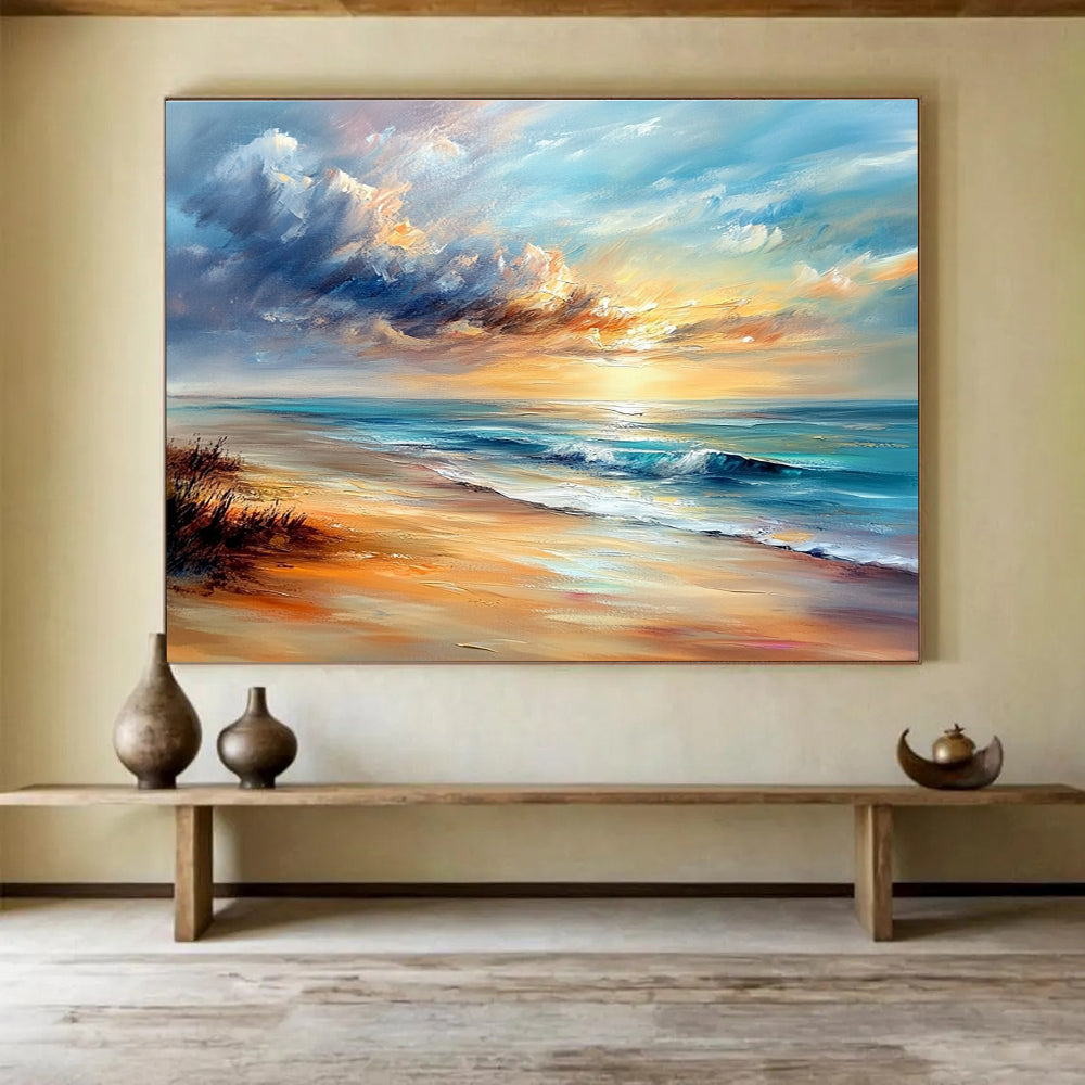 A large abstract painting capturing a serene beach scene with soft sunset colors and textured brush strokes in Impressionist style.SC415