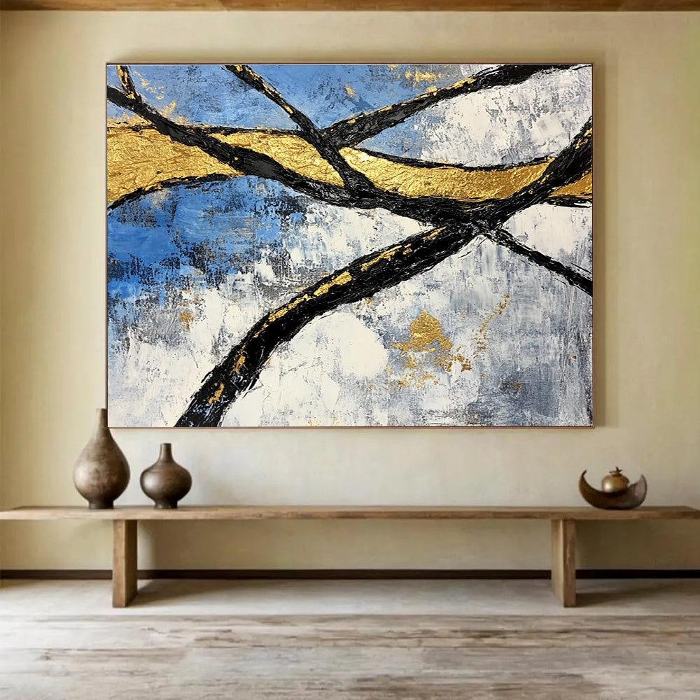 Golden Branches Abstract Painting with Blue and Gold Tones DYP525