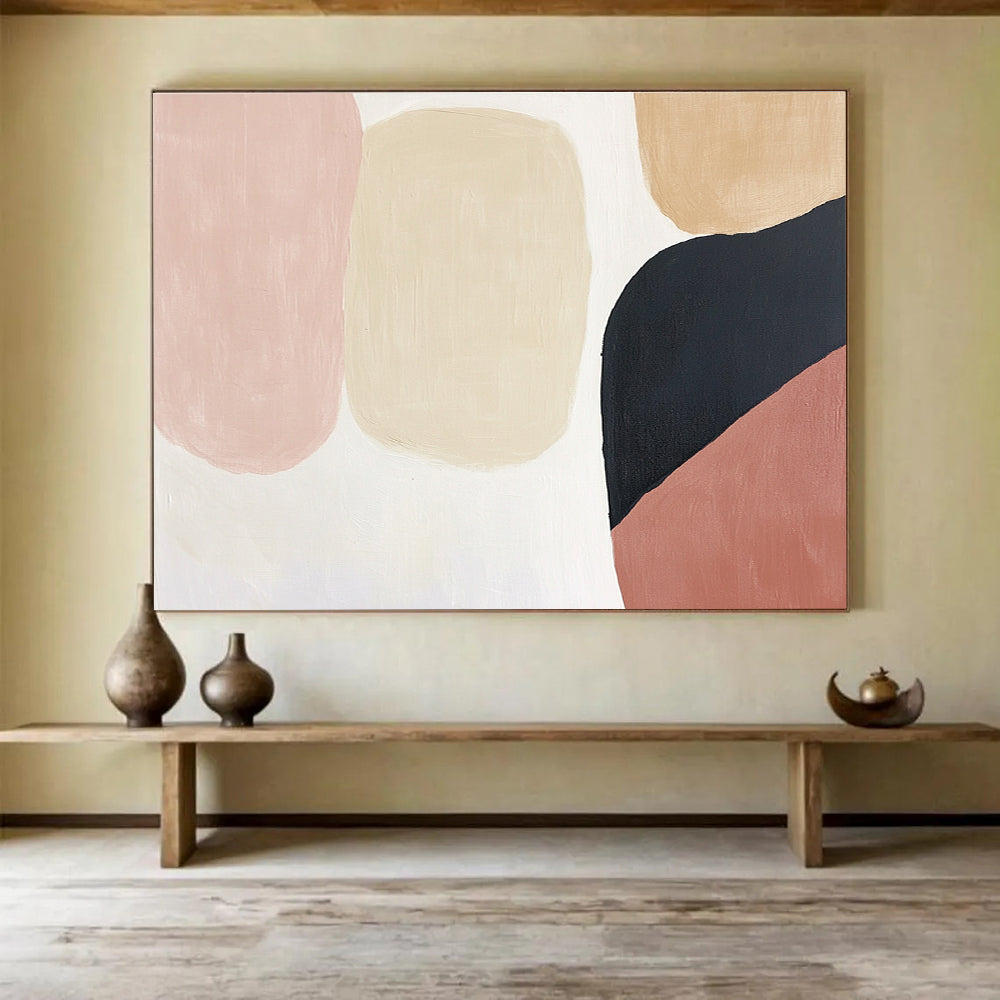 Abstract art in soft pink, beige, and black hues on a clean white background perfect for modern decor and elegant spaces.SC279