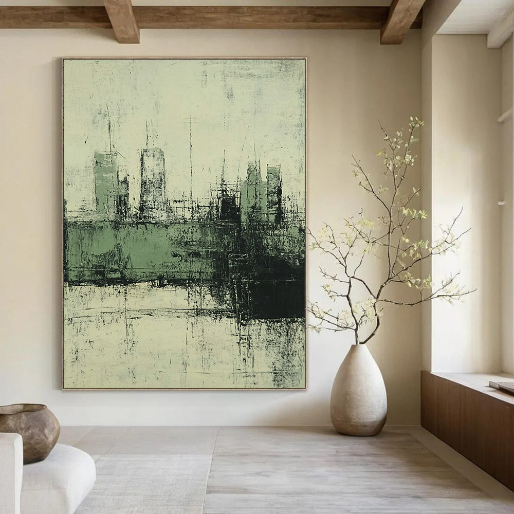 Large abstract painting of the city in muted green and grey tones with a distressed vintage oil paint texture and faded background.STSC339