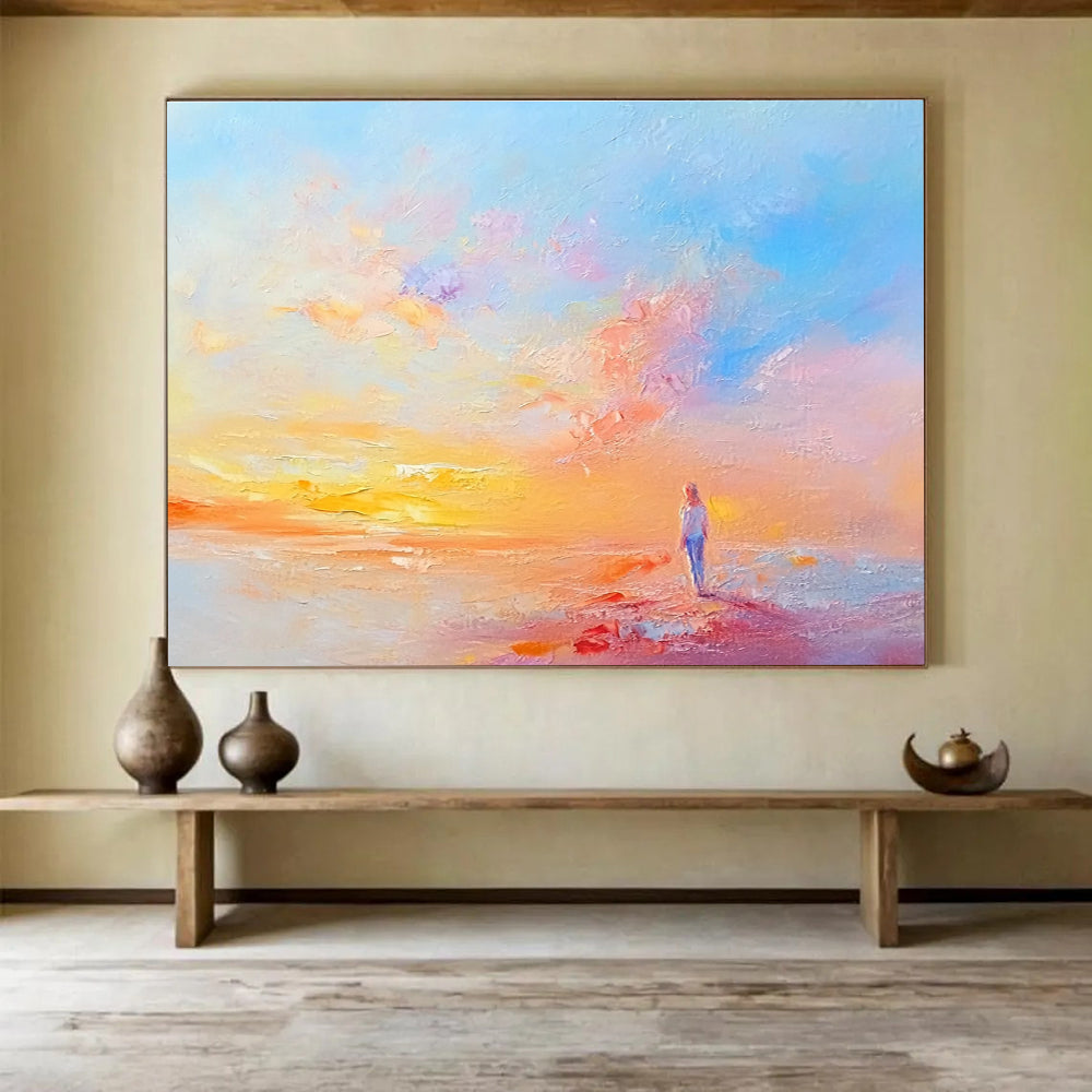 Large abstract painting featuring serene pastel colors soft brushstrokes and tranquil landscapes evoking a peaceful atmosphere at dawn.SC281