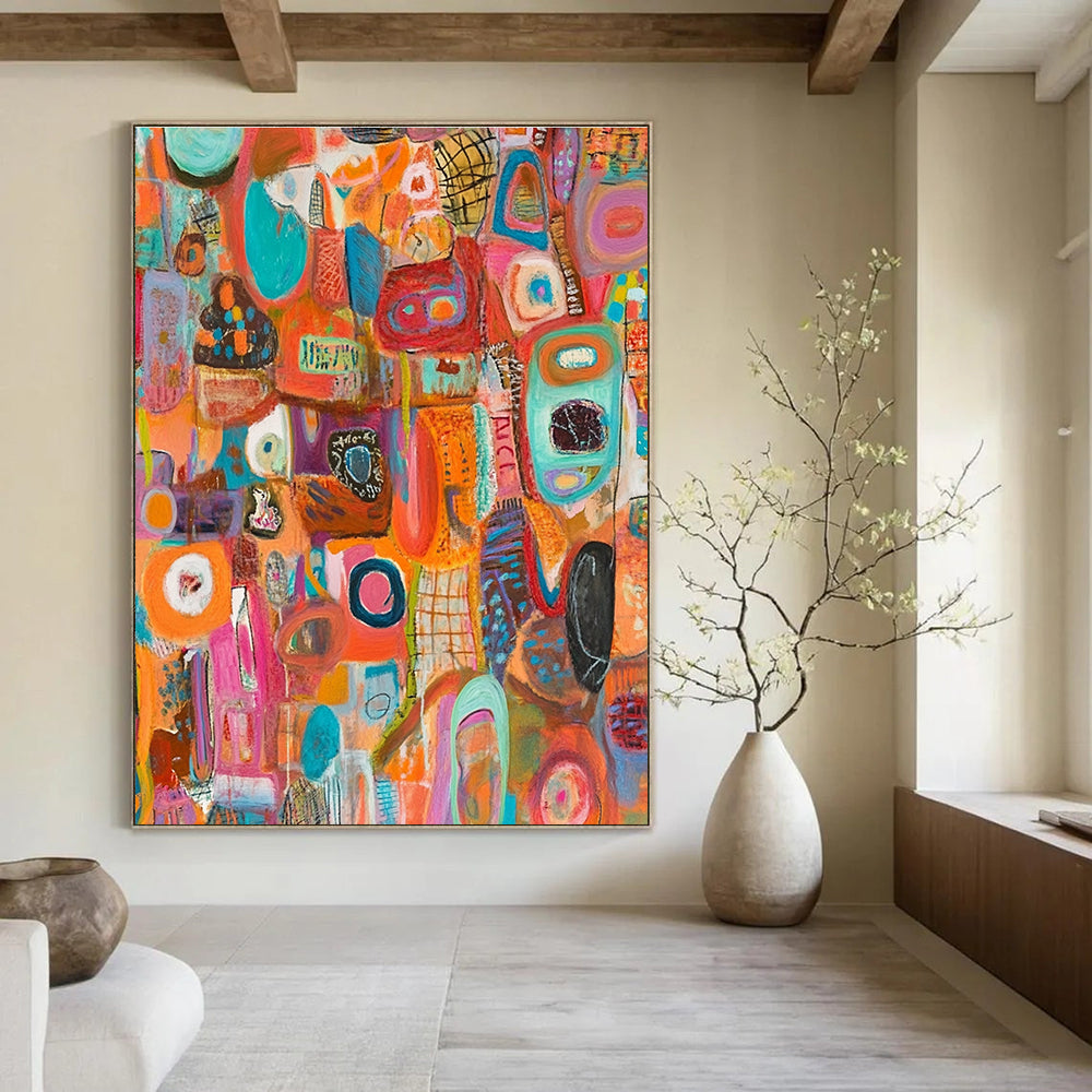 A large abstract painting bursting with vibrant colors and intricate layers, featuring diverse shapes, symbols, and musical notes in a chaotic yet harmonious composition.STSC1221