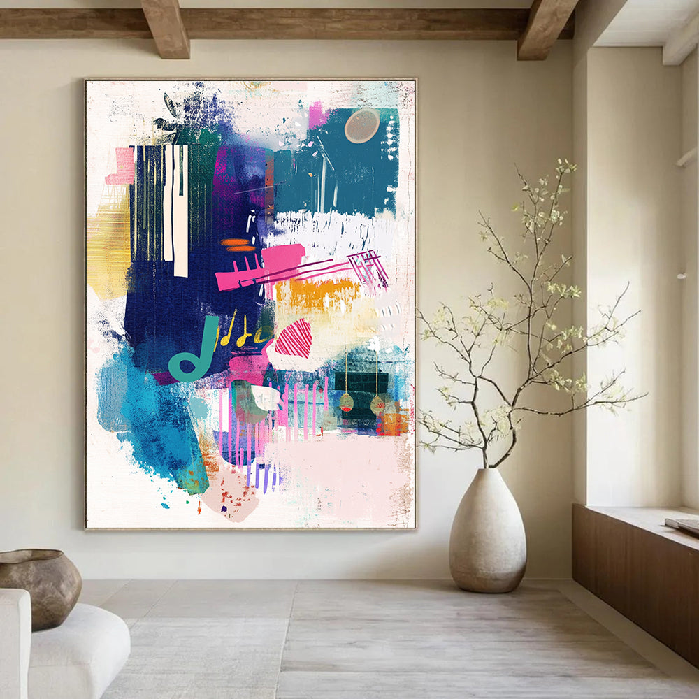 Large abstract painting capturing urban energy with musical notes and vibrant colors on textured paper leaving space for text or logos.STSC560