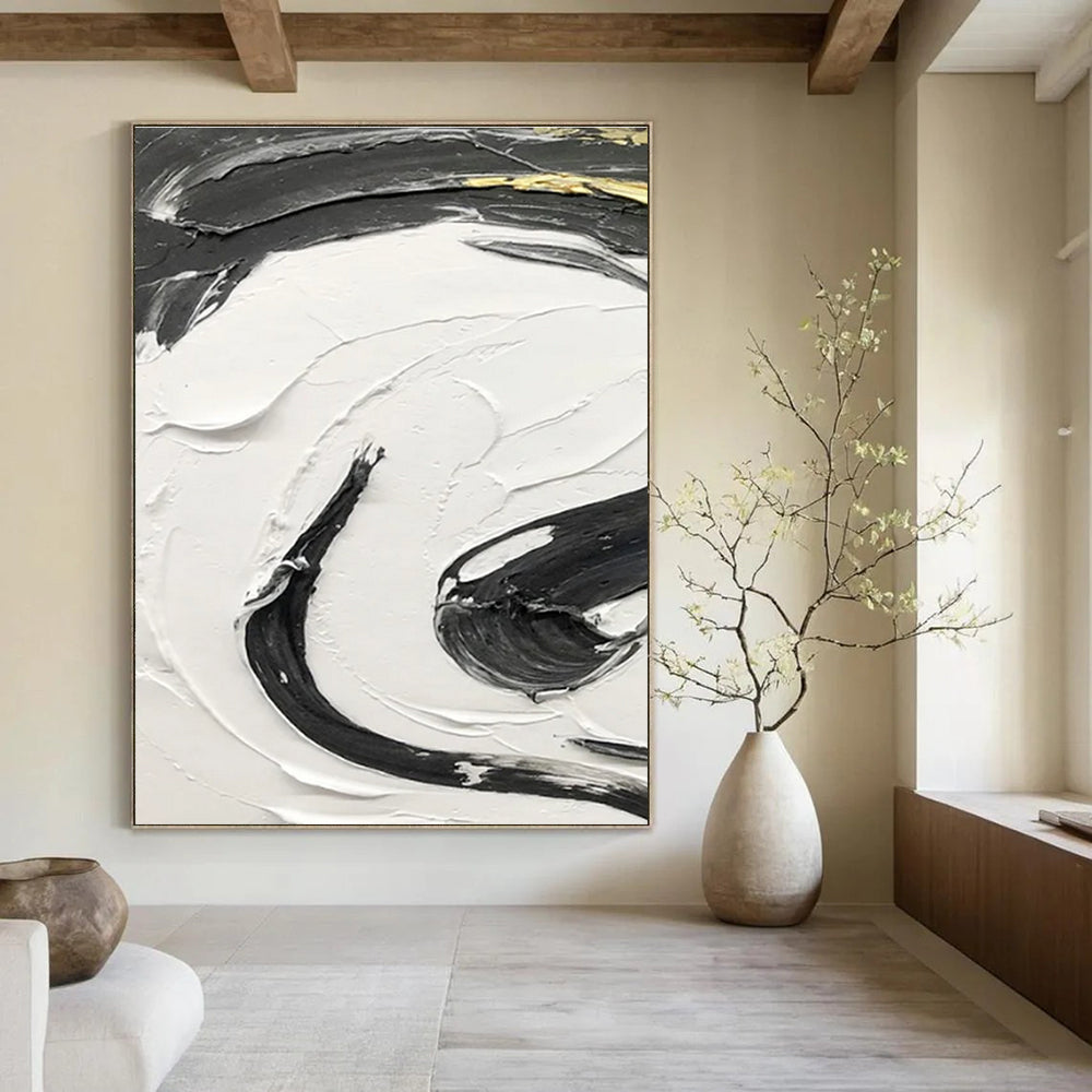 Gold - Accented Black and White Swirl Abstract Painting ADGE378