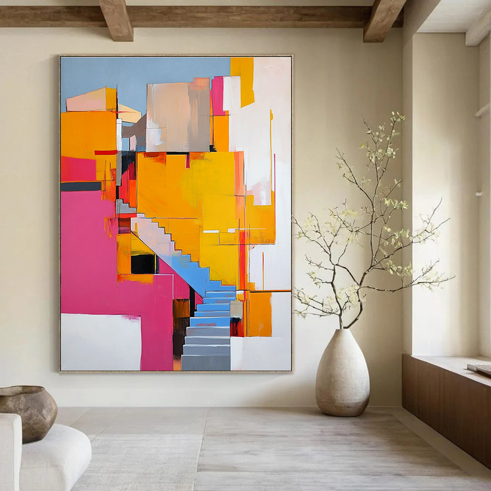 Abstract painting featuring vibrant pink yellow and orange architectural elements with stairs and ample white space around it.STSC668