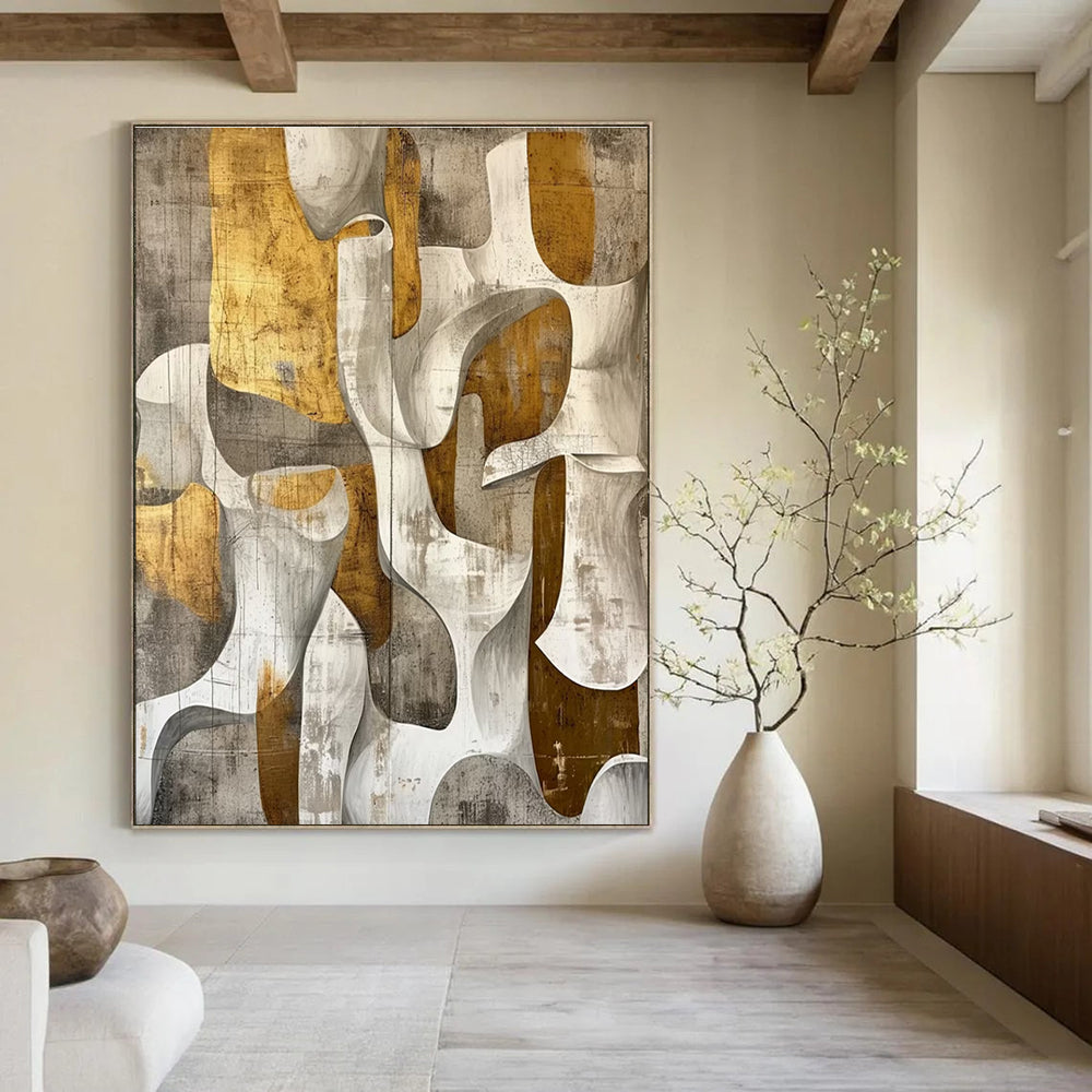 Gold Grey White Abstract Geometric Painting ADGE011