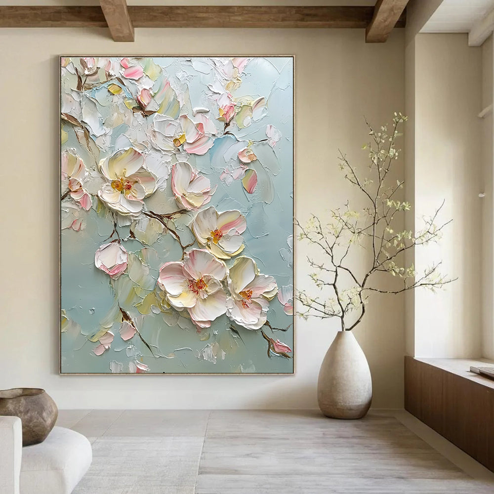 Large abstract painting featuring delicate light pink and white flowers with impasto texture creating a dreamy romantic atmosphere and vibrant colors.STSC1371