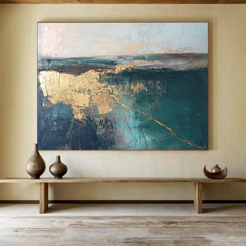 Large abstract painting featuring a green and blue lake landscape with golden cracks in neutral tones, perfect for modern decor.SC113
