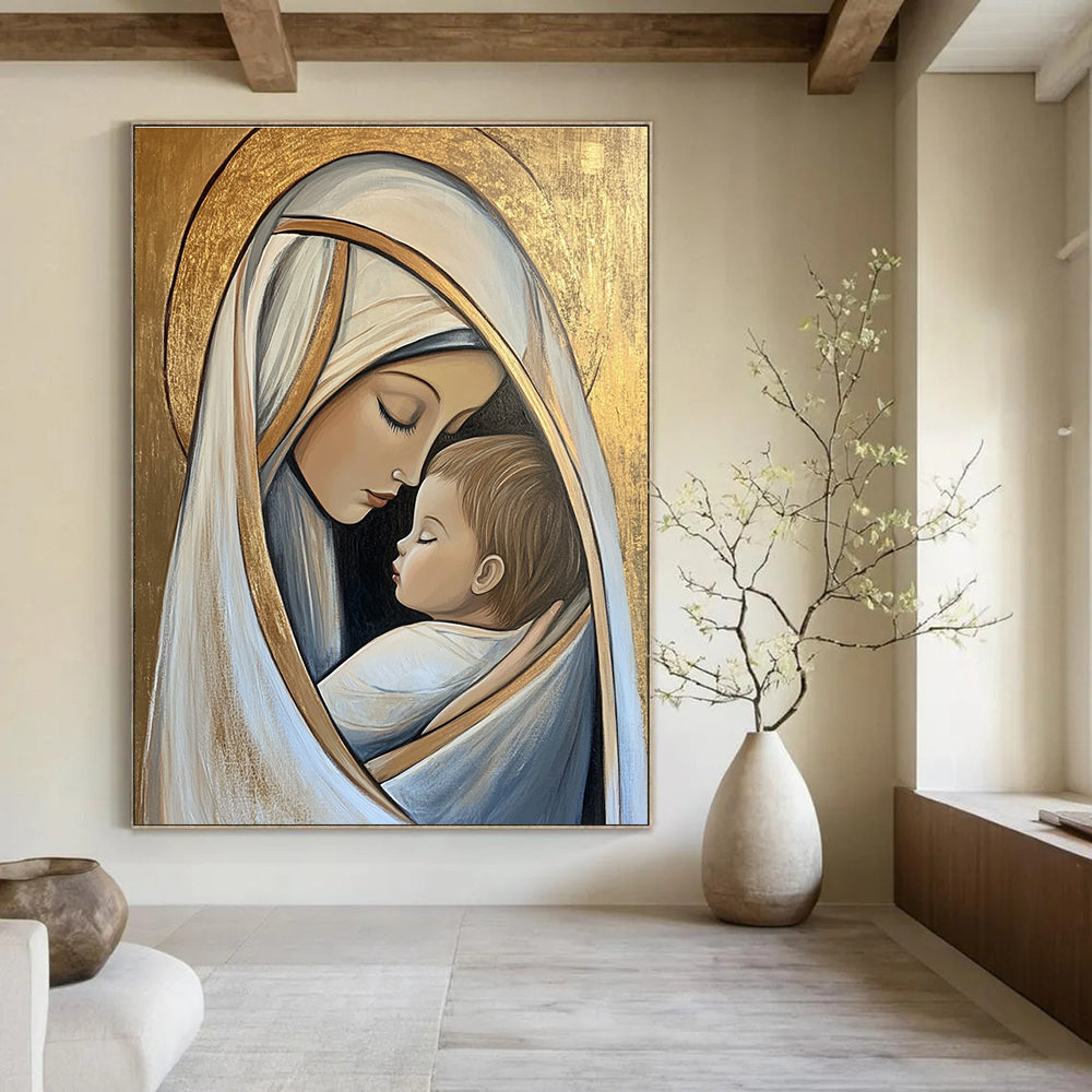 Large abstract artwork of Mary and Jesus in pastel tones on a gold leaf background conveying deep emotional connection and serene beauty.STSC1434