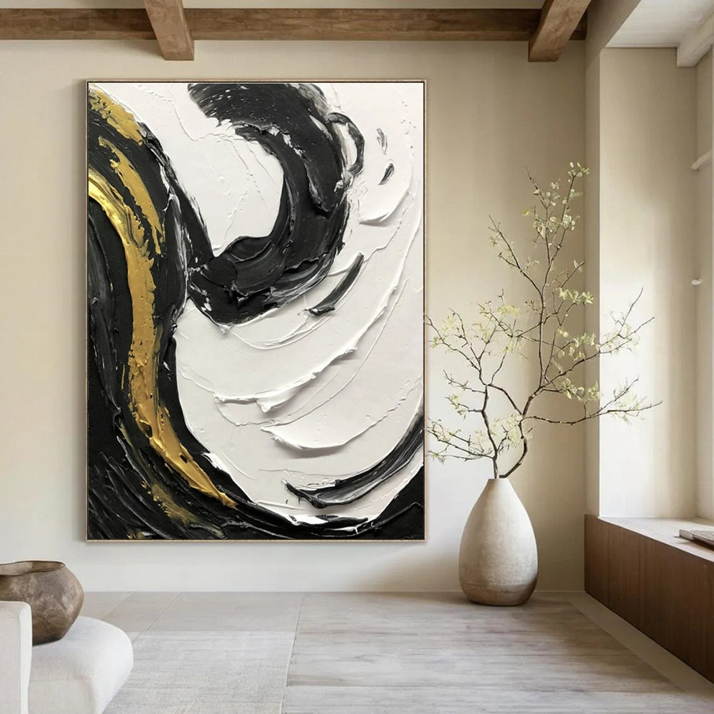 Gold - Accented Black and White Textured Swirl Abstract Painting ADGE381