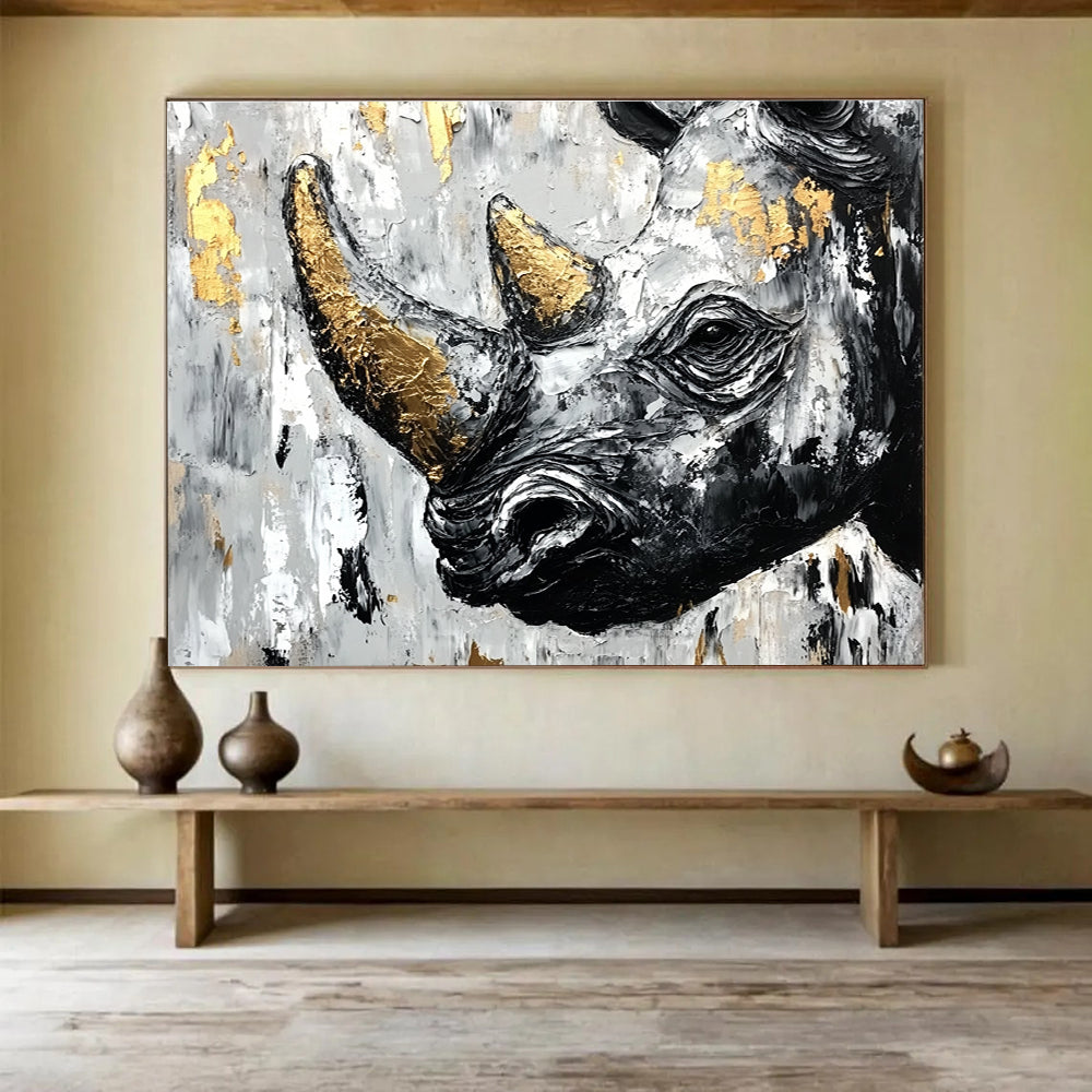 Abstract painting of an African rhinoceros in black and white with gold accents and textured strokes on a neutral background.SC151