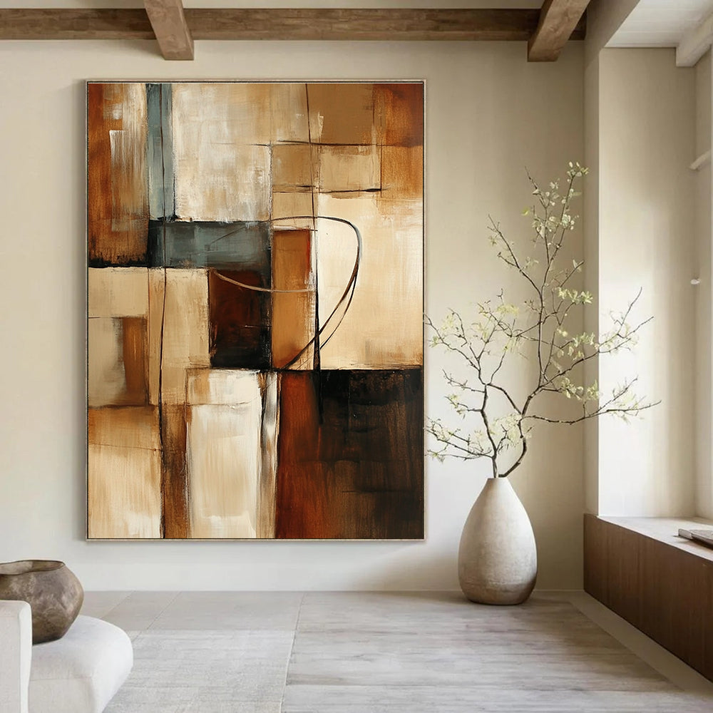 Large abstract painting featuring earthy tones and geometric shapes with textured brush strokes creating a calm and dynamic atmosphere.STSC751
