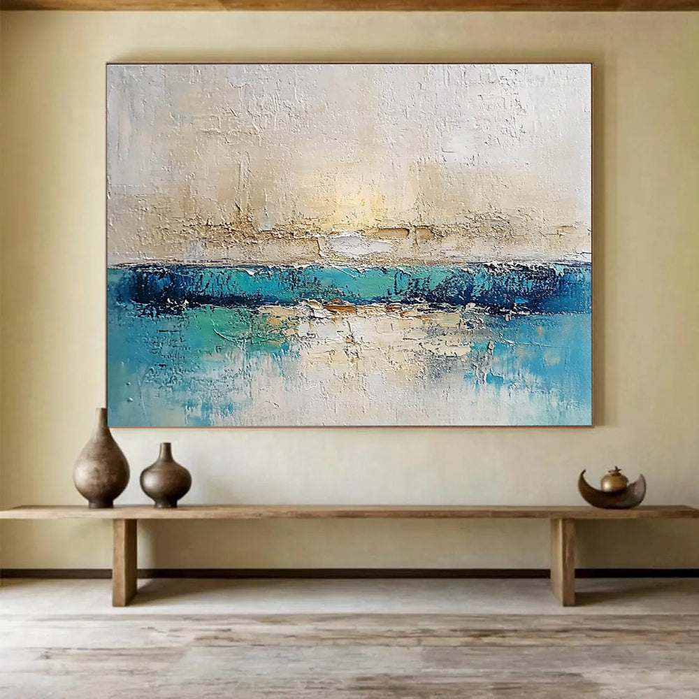 Textured Sea and Sky Abstract Painting with Blue and Beige DYP491