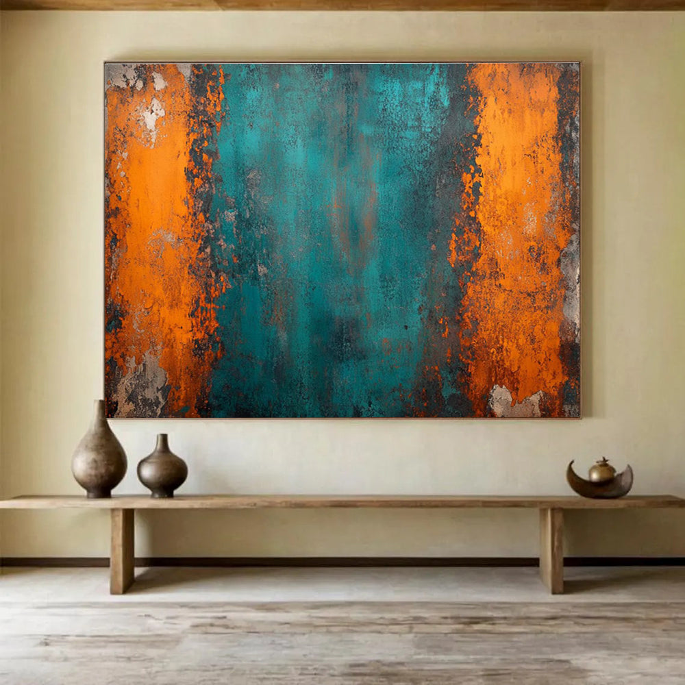 Teal Orange Abstract Painting with Bold, Industrial Edge THY408