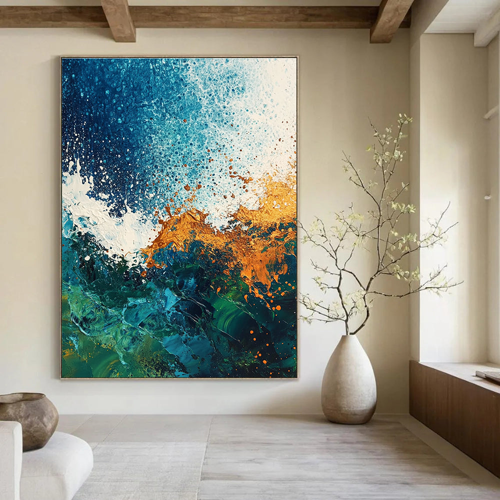 Large abstract painting of ocean waves featuring a textured mix of blues greens and rust colors against a dark blue white green and brown background.STSC324