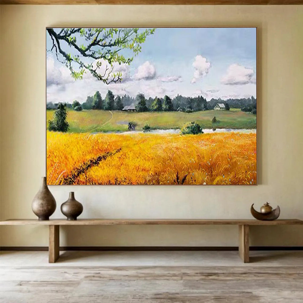 Countryside Field Abstract Painting with Yellow, Green, and Blue Tones THY208