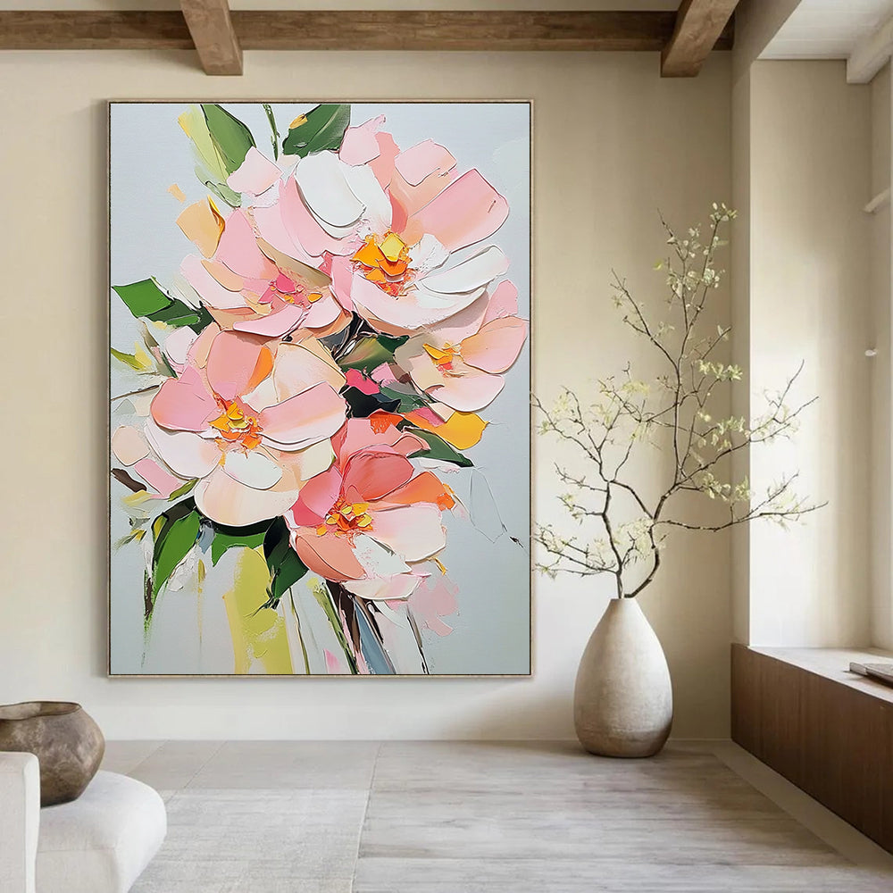 Large abstract painting featuring pink flowers and green leaves on a white background created with acrylic techniques.STSC1412