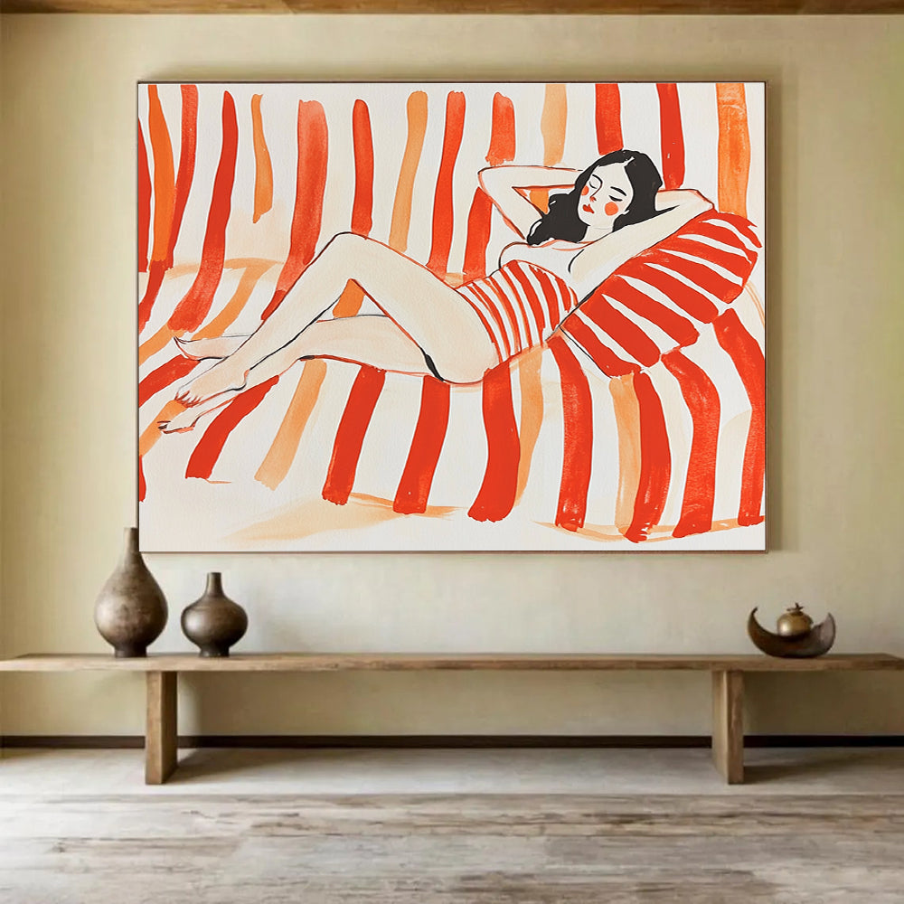 Woman Lounging on Stripes Abstract Painting with Red and White DYP164
