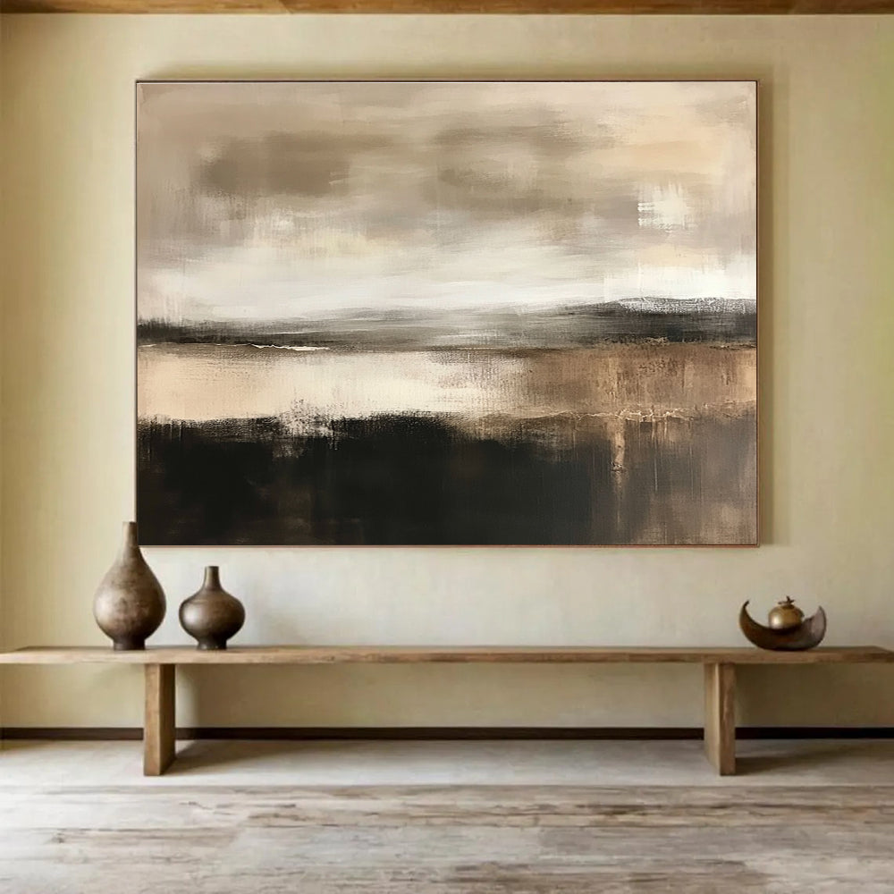 Large abstract landscape in neutral tones of beige and white with a neutral sky and hints of brown dark grey and black.SC067