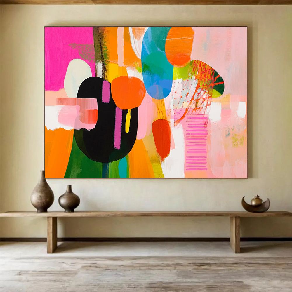 Bold abstract artwork showcasing vibrant pink, yellow, green, and blue shapes with dynamic movement and expressive brushstrokes.SC300