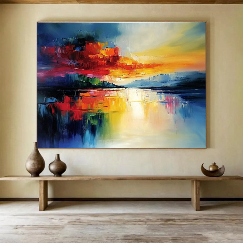 Bold Color Block Sunset Abstract Painting with Vivid Reds Oranges and Blues DYP236