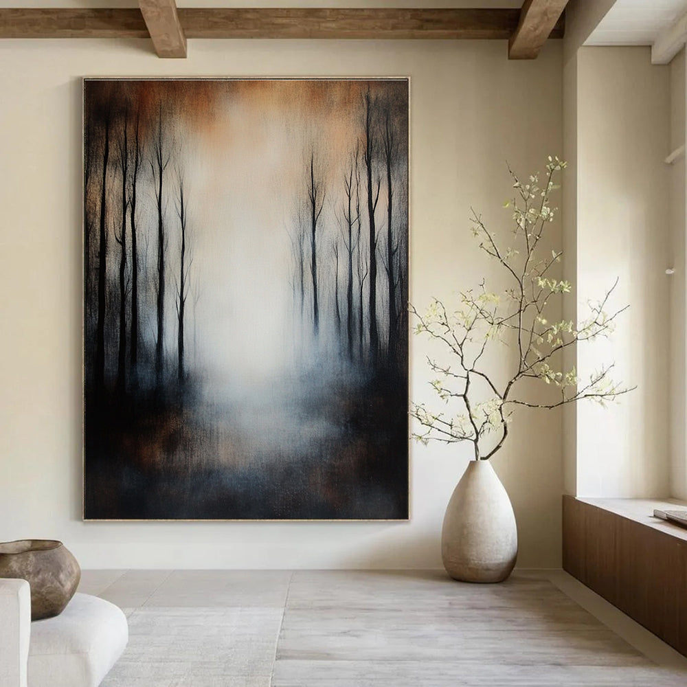 Large abstract painting of an eerie forest featuring black trees muted colors foggy atmosphere and impressionistic brushstrokes on textured canvas.STSC259