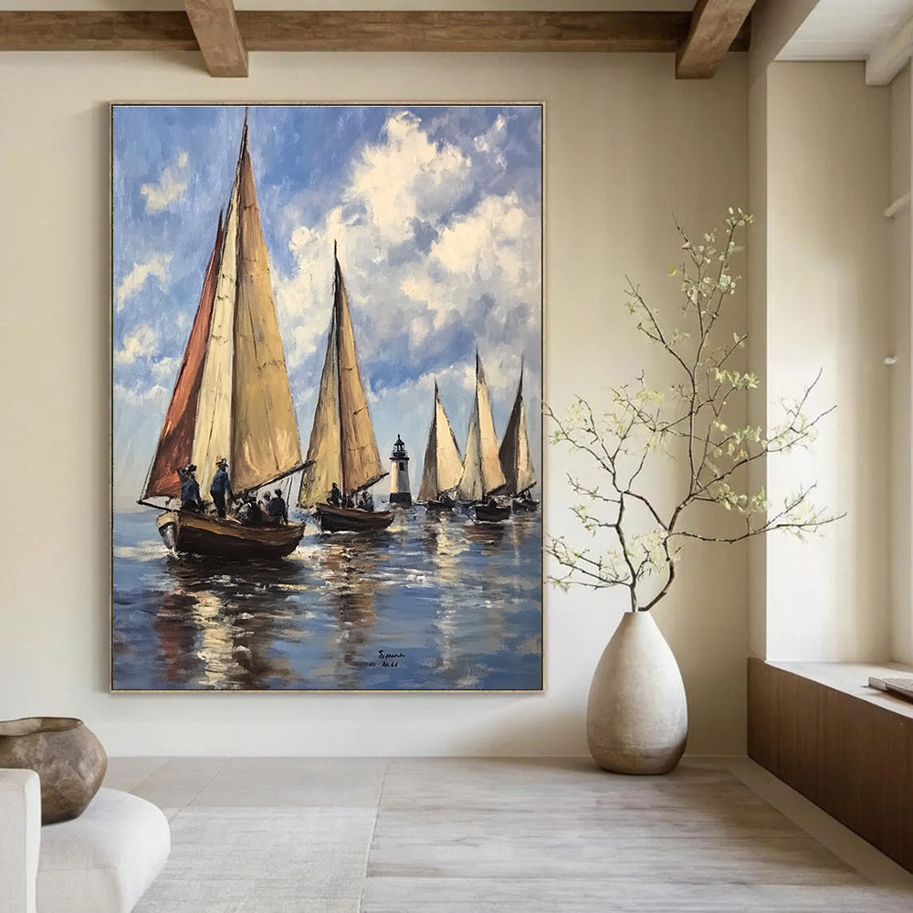 Abstract painting depicting sailboats on water under a light blue sky with clouds inspired by 20th-century French artists.STSC1134